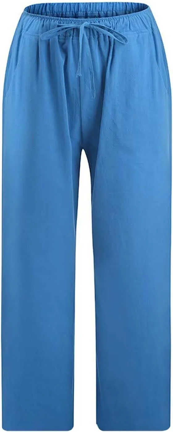 Cotton Linen Pants for Women Loose 2025 Elastic High Waisted Drawstring Wide Leg Trousers Straight Leg Pants Capris