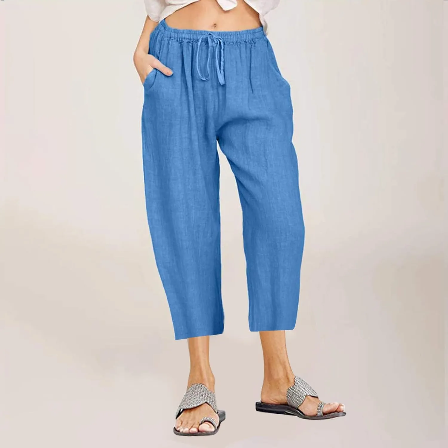 Cotton Linen Pants for Women Loose 2025 Elastic High Waisted Drawstring Wide Leg Trousers Straight Leg Pants Capris
