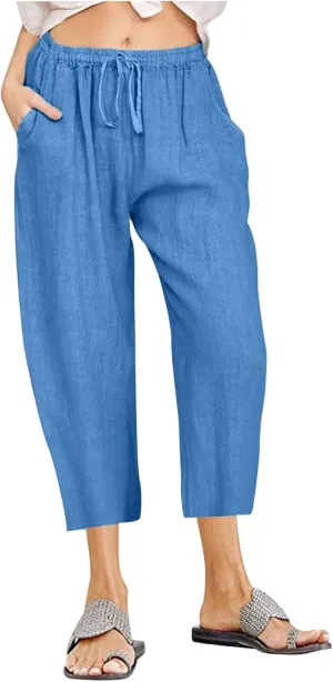 Cotton Linen Pants for Women Loose 2025 Elastic High Waisted Drawstring Wide Leg Trousers Straight Leg Pants Capris
