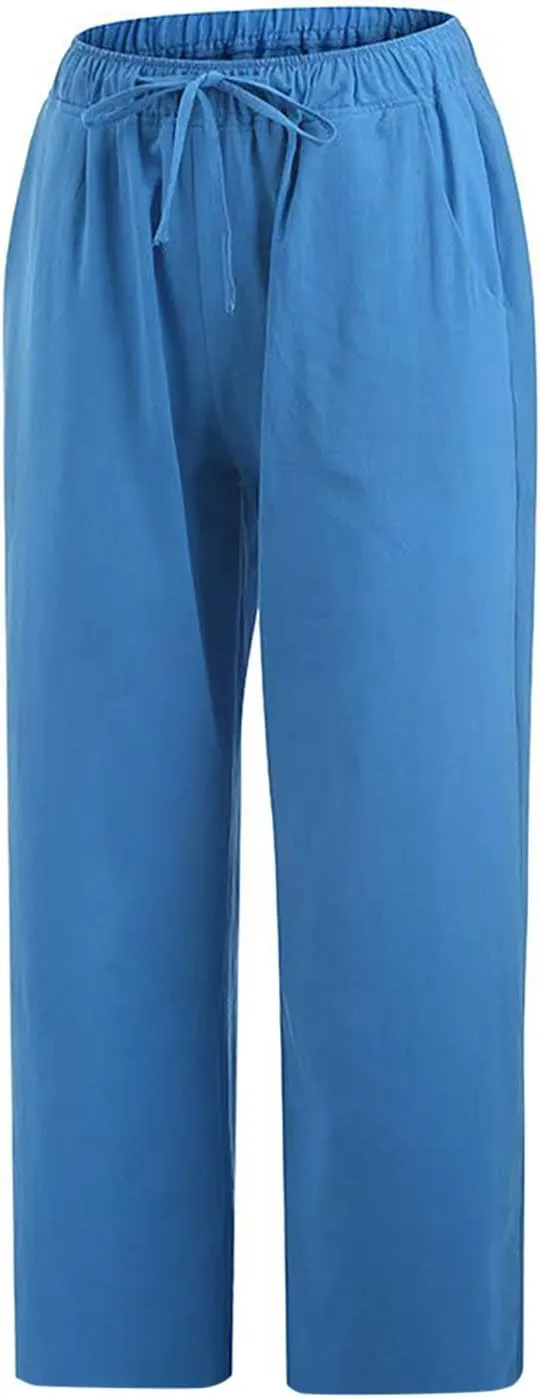 Cotton Linen Pants for Women Loose 2025 Elastic High Waisted Drawstring Wide Leg Trousers Straight Leg Pants Capris