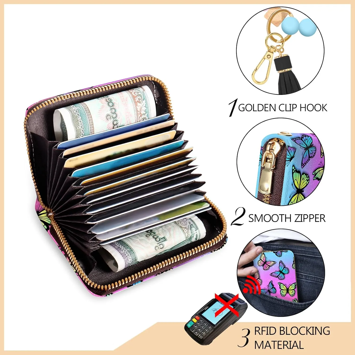 Credit Card Holder RFID Wallet, Small Card Holder Wallet for Women with Keychain Zipper, Funny Leather Print Credit Card Wallets Accordion Gift