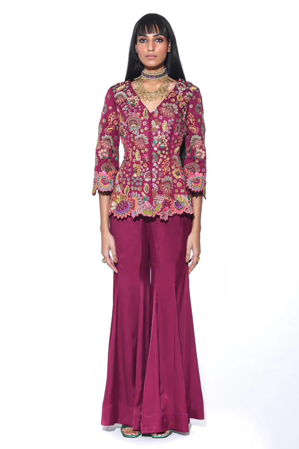 Crimson Red Embroideered Peplum Top Sharara Set