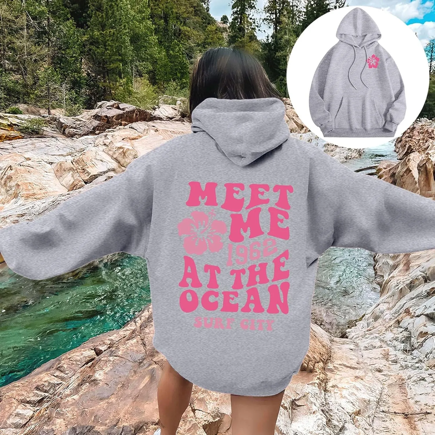Cute Hoodies Womens Pink Graphic Oversized Hoodies Letter Print Casual Long Sleeve Drawstring Pullover Tops