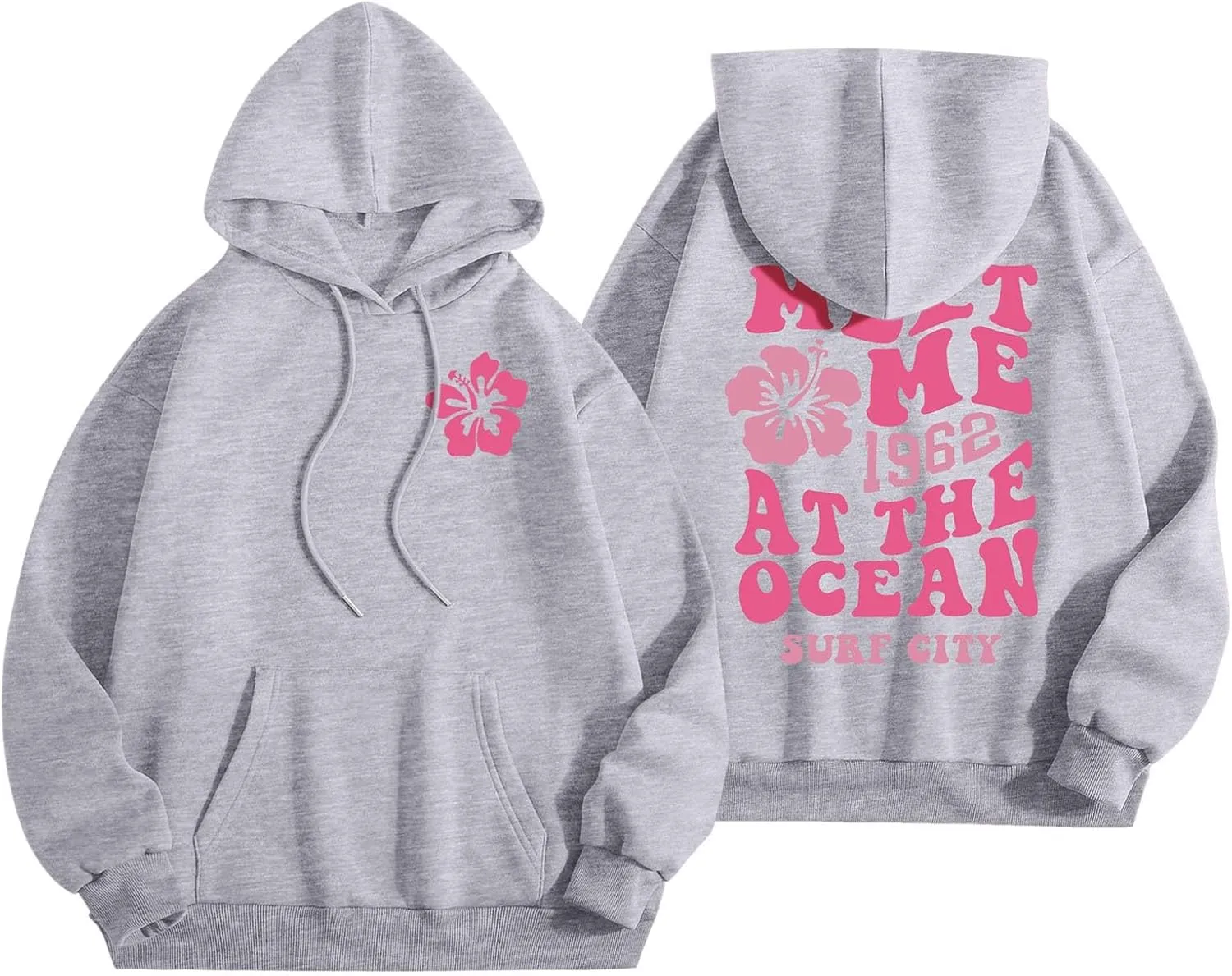 Cute Hoodies Womens Pink Graphic Oversized Hoodies Letter Print Casual Long Sleeve Drawstring Pullover Tops