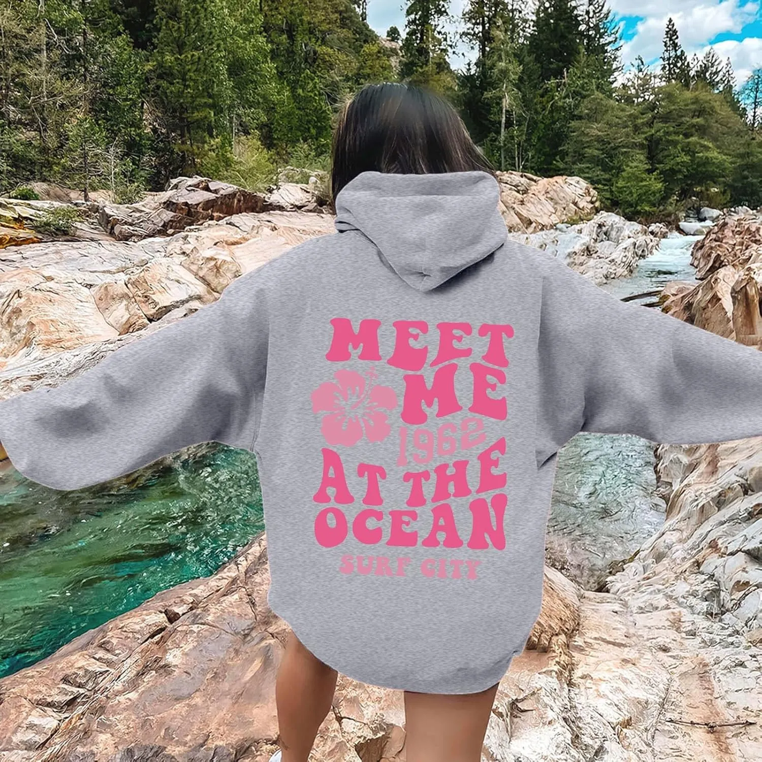 Cute Hoodies Womens Pink Graphic Oversized Hoodies Letter Print Casual Long Sleeve Drawstring Pullover Tops