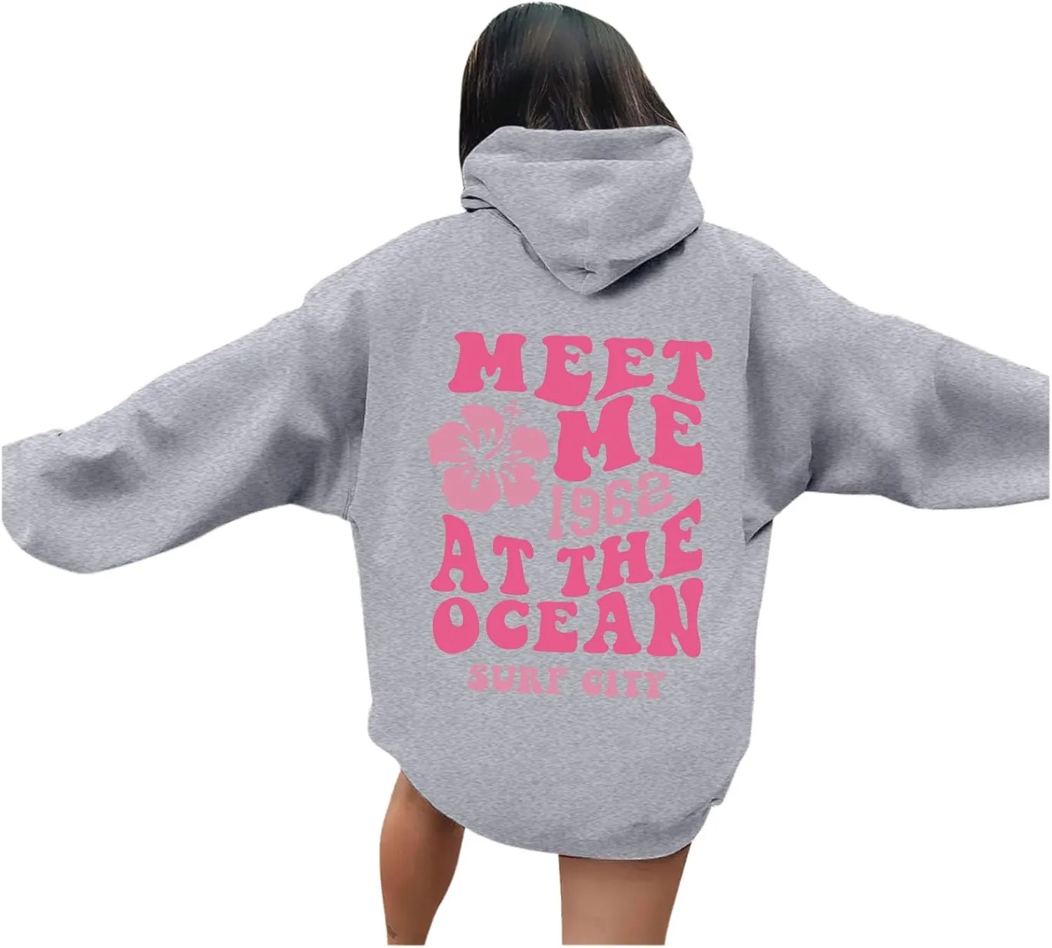 Cute Hoodies Womens Pink Graphic Oversized Hoodies Letter Print Casual Long Sleeve Drawstring Pullover Tops
