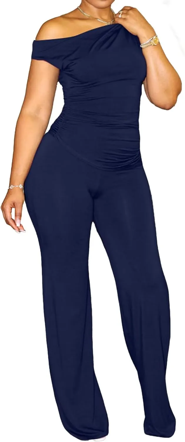 CXXQ 2 Piece Club Outfits for Women Clubwear Sexy Off Shoulder Ruched Crop Tops Bodycon Wide Leg Pant Sets Pantsuits