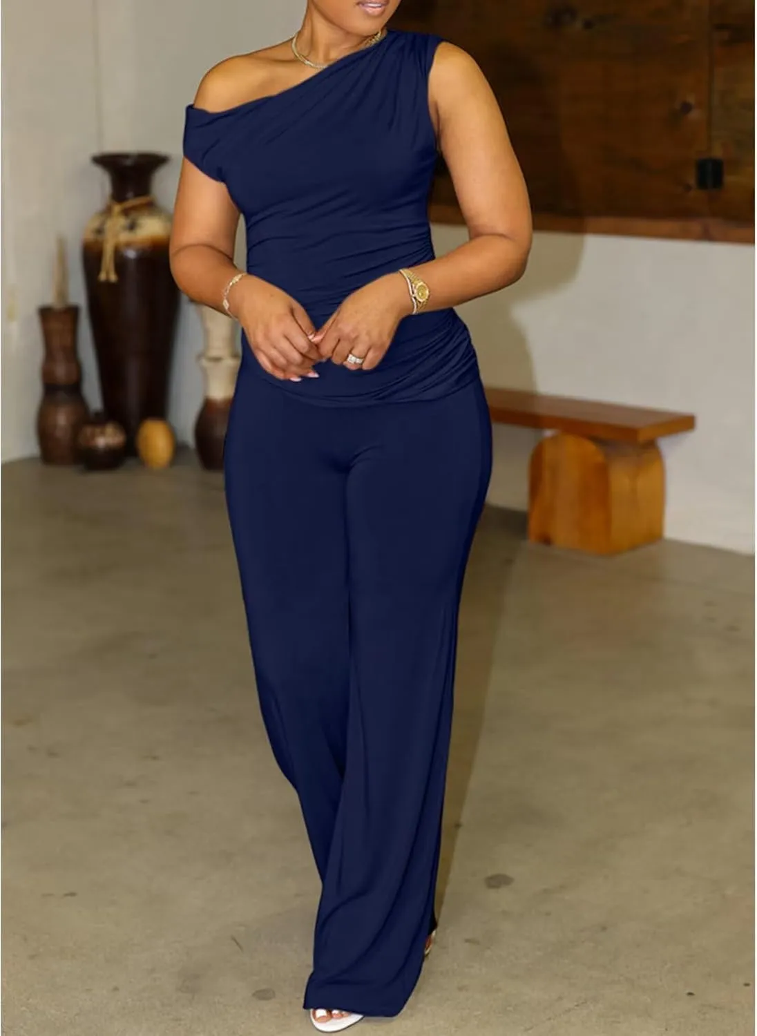 CXXQ 2 Piece Club Outfits for Women Clubwear Sexy Off Shoulder Ruched Crop Tops Bodycon Wide Leg Pant Sets Pantsuits