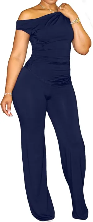 CXXQ 2 Piece Club Outfits for Women Clubwear Sexy Off Shoulder Ruched Crop Tops Bodycon Wide Leg Pant Sets Pantsuits