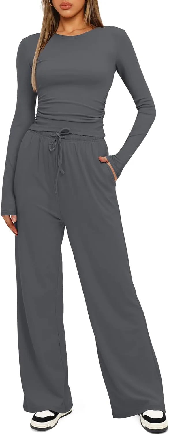 Darong Women's 2 Piece Sets Fall Outfits Long Sleeve Wide Leg Tracksuits Casual Lounge Set Matching Sets