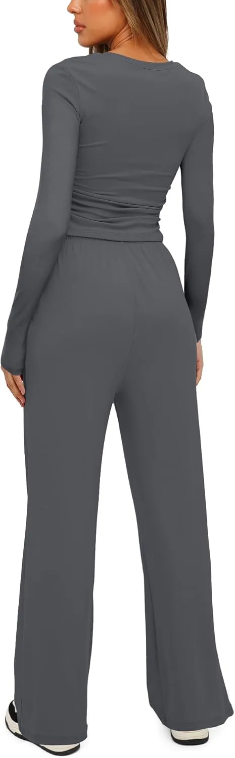 Darong Women's 2 Piece Sets Fall Outfits Long Sleeve Wide Leg Tracksuits Casual Lounge Set Matching Sets