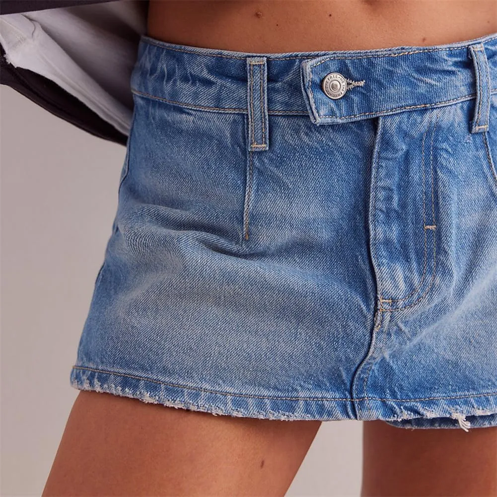 Denim Mini Skirt for Women Low Waisted Jean Micro Skort with Shorts Stretch Casual Jean Skirt