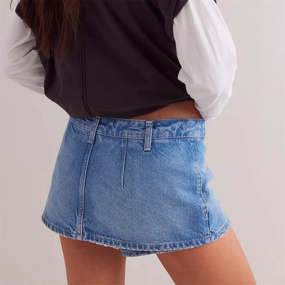 Denim Mini Skirt for Women Low Waisted Jean Micro Skort with Shorts Stretch Casual Jean Skirt