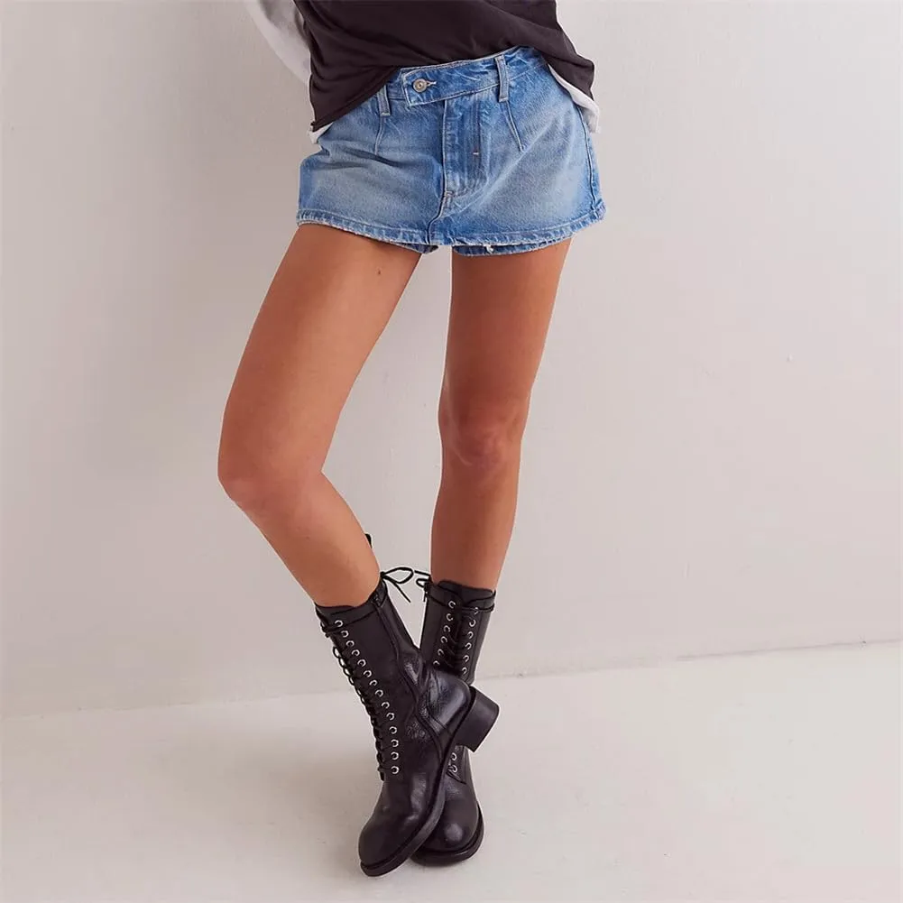 Denim Mini Skirt for Women Low Waisted Jean Micro Skort with Shorts Stretch Casual Jean Skirt