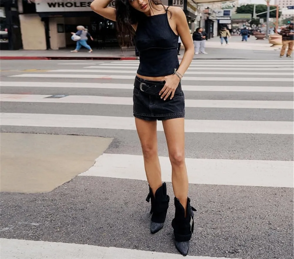 Denim Mini Skirt for Women Low Waisted Jean Micro Skort with Shorts Stretch Casual Jean Skirt