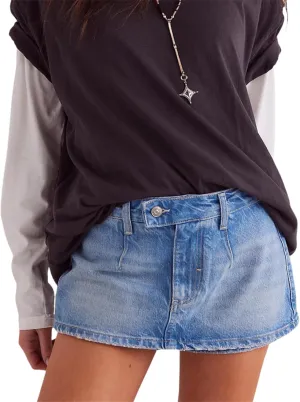 Denim Mini Skirt for Women Low Waisted Jean Micro Skort with Shorts Stretch Casual Jean Skirt