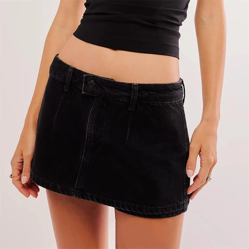 Denim Mini Skirt for Women Low Waisted Jean Micro Skort with Shorts Stretch Casual Jean Skirt