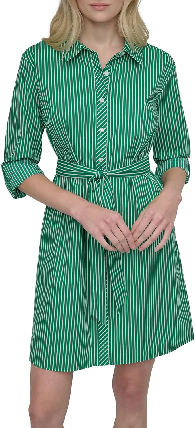 DKNY Women's Long Sleeve Collared Tie Fit & Flare Mini Dress