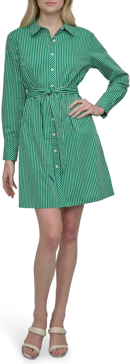 DKNY Women's Long Sleeve Collared Tie Fit & Flare Mini Dress