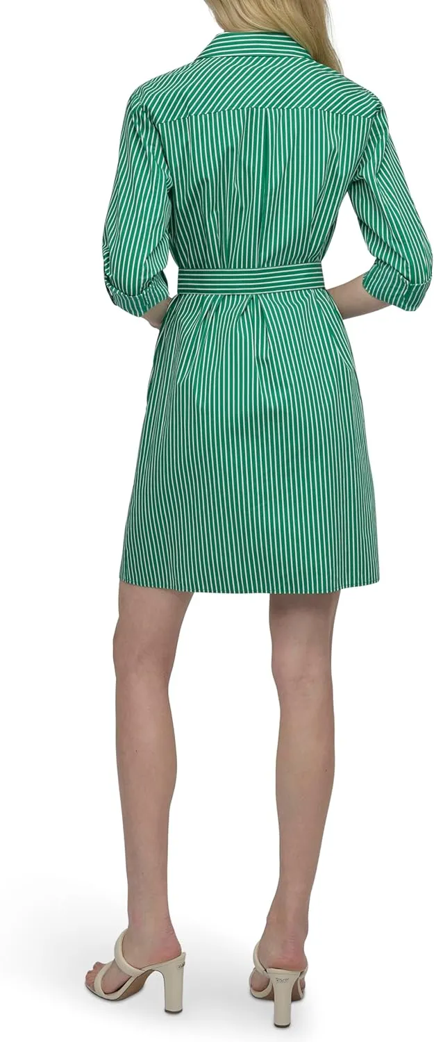 DKNY Women's Long Sleeve Collared Tie Fit & Flare Mini Dress