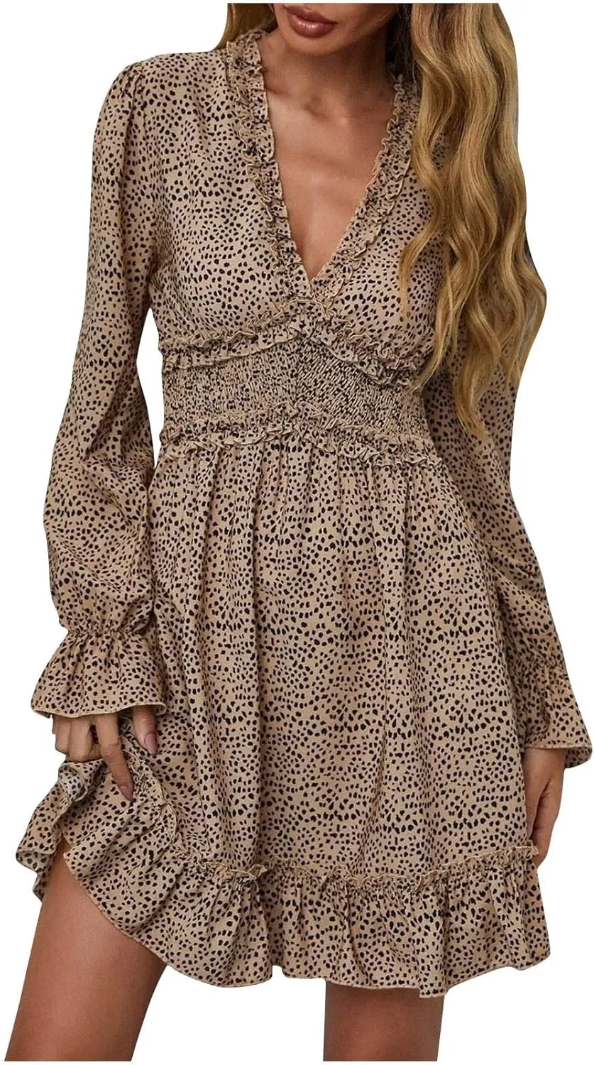 Dot Printed Dress for Women Long Sleeve V Neck Party Dresses Sexy Floral Print Mini Dress Slim Ruffle Cocktail Dress