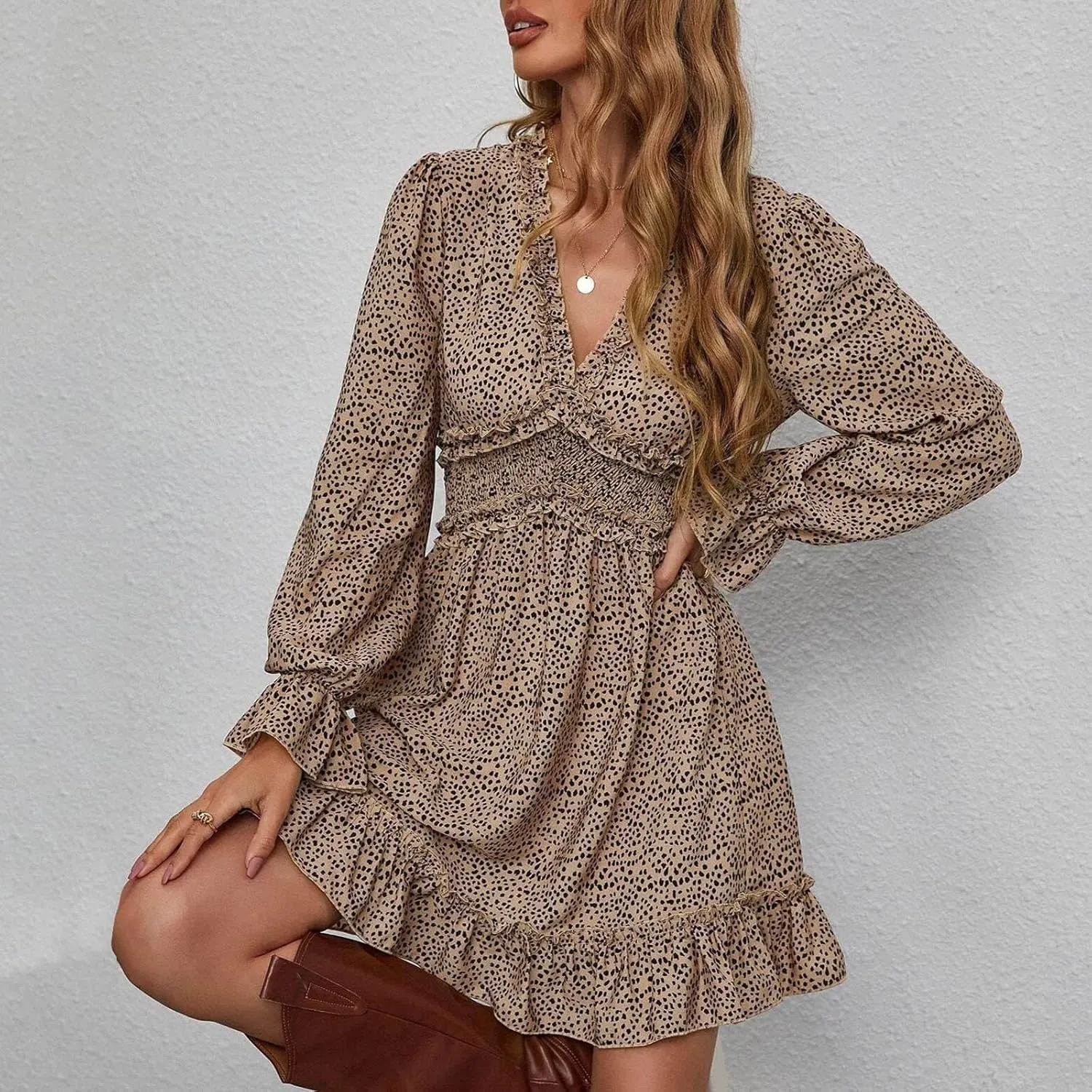Dot Printed Dress for Women Long Sleeve V Neck Party Dresses Sexy Floral Print Mini Dress Slim Ruffle Cocktail Dress