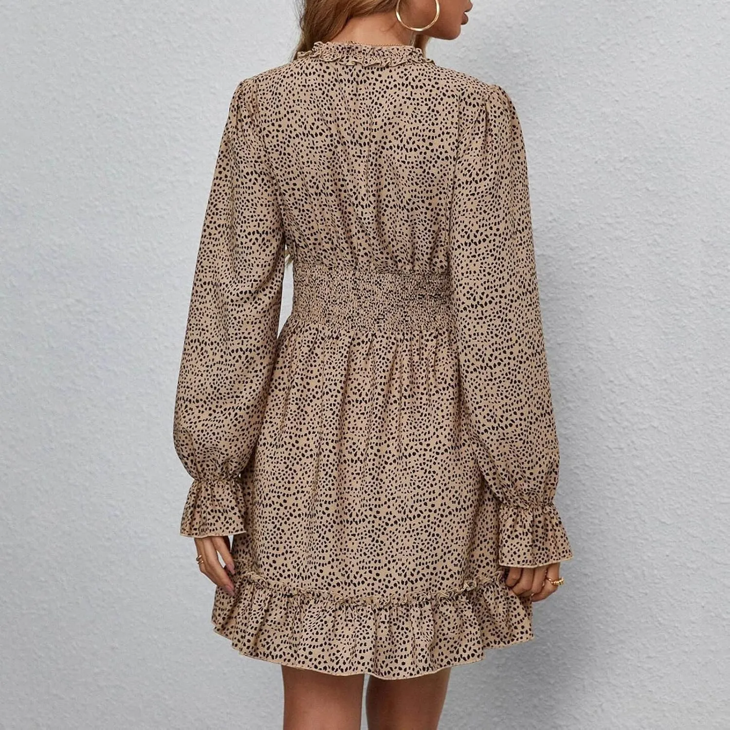 Dot Printed Dress for Women Long Sleeve V Neck Party Dresses Sexy Floral Print Mini Dress Slim Ruffle Cocktail Dress