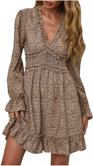 Dot Printed Dress for Women Long Sleeve V Neck Party Dresses Sexy Floral Print Mini Dress Slim Ruffle Cocktail Dress