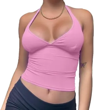 DREAM SLIM Women's Tie Back Halter Crop Top Sexy Deep V Neck Sleeveless Tie Back Camisole Casual Workout Tank Tops