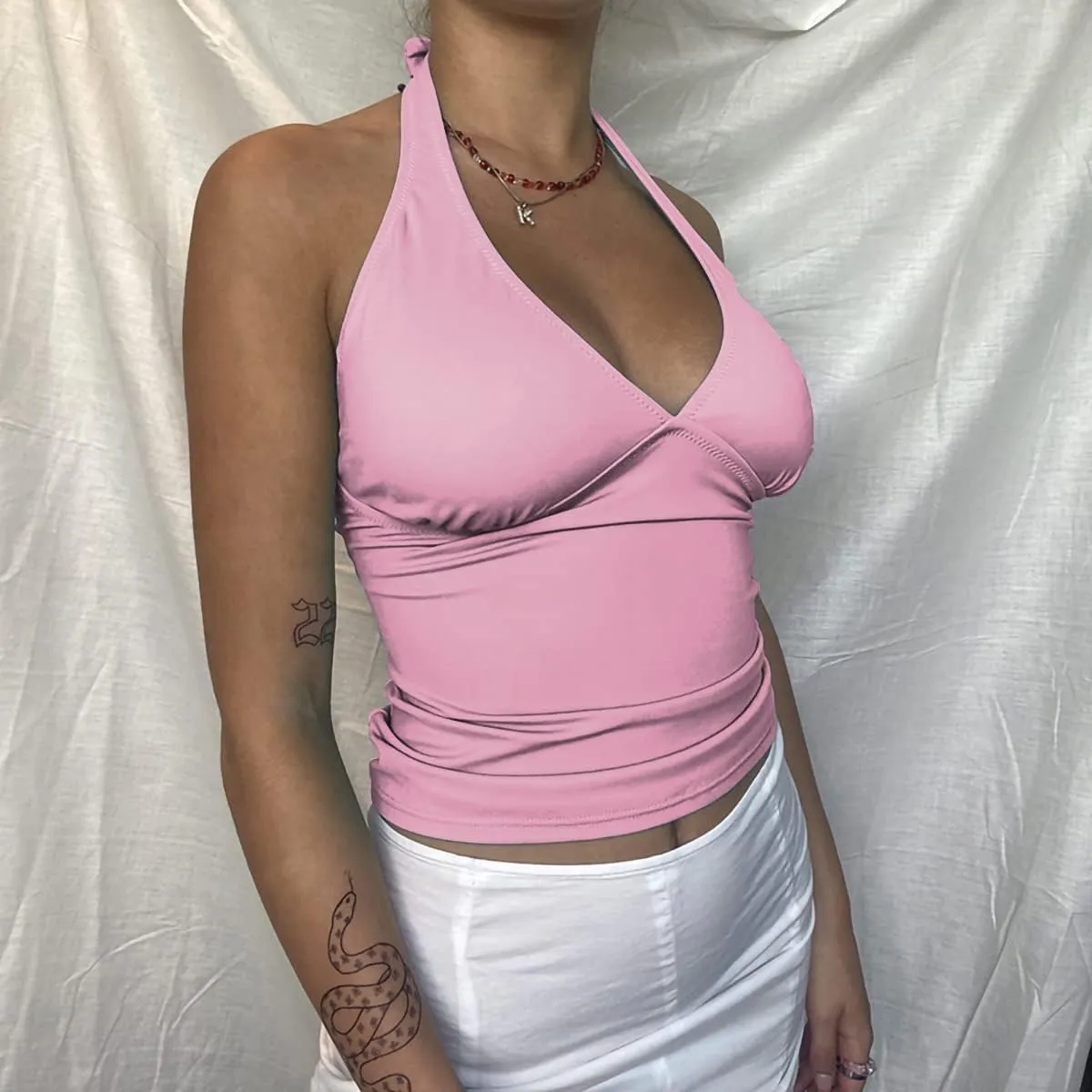 DREAM SLIM Women's Tie Back Halter Crop Top Sexy Deep V Neck Sleeveless Tie Back Camisole Casual Workout Tank Tops
