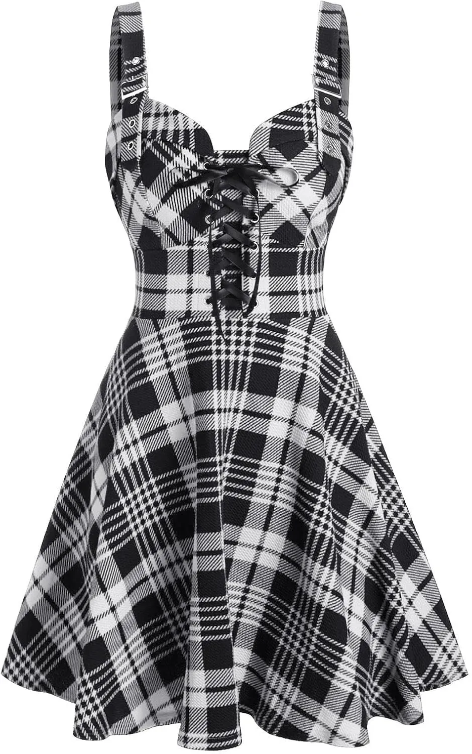 DRESSFO Women's Gothic Dress Plaid Print Lace-up Front Buckle Strap Dress Retro Empire Waist Dress Vintage 1950s Dresses