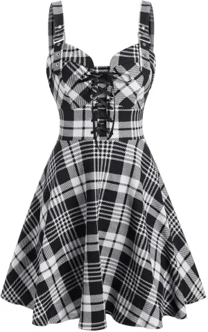 DRESSFO Women's Gothic Dress Plaid Print Lace-up Front Buckle Strap Dress Retro Empire Waist Dress Vintage 1950s Dresses