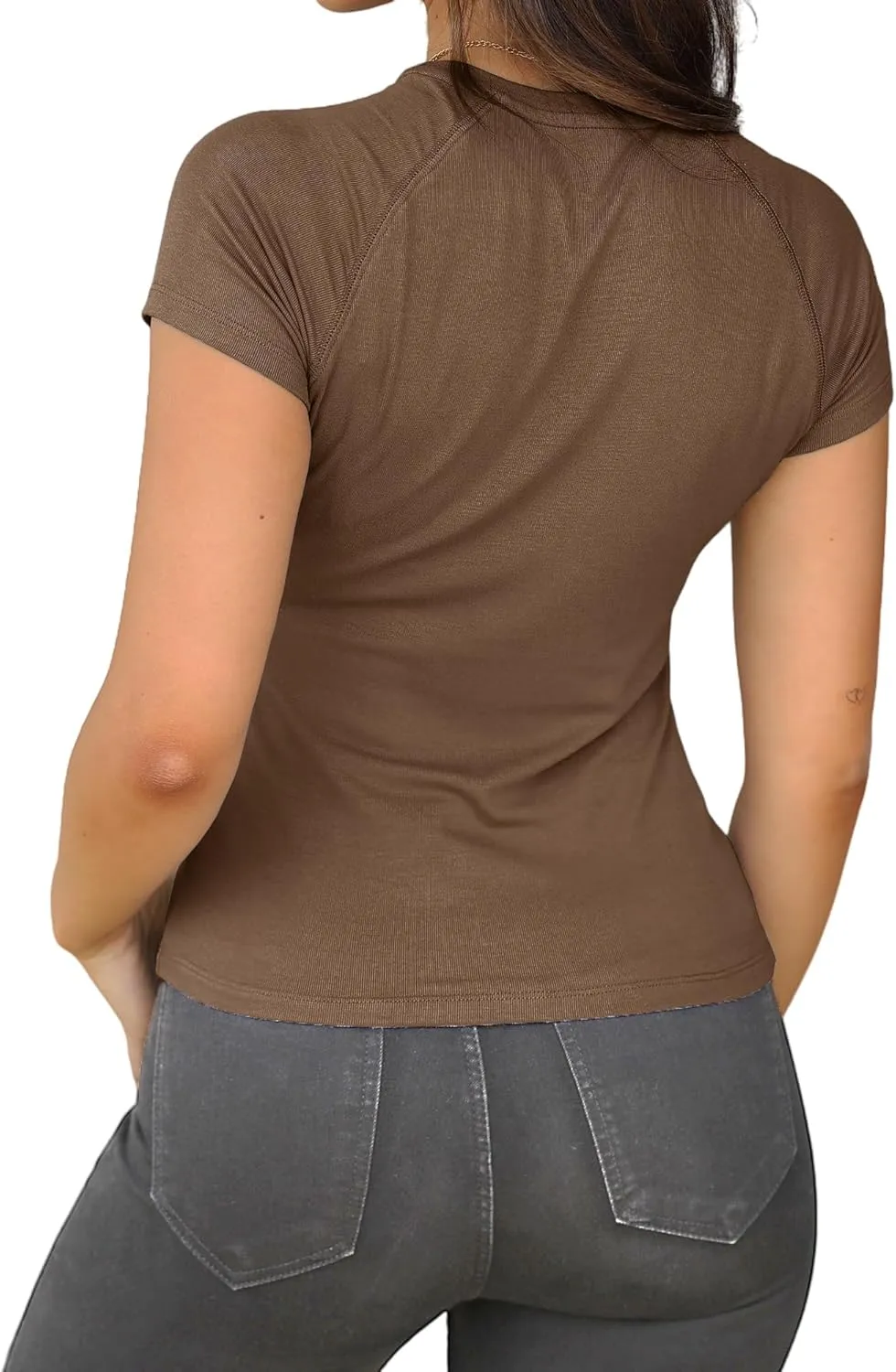 Dwnval Womens Basic Summer Short Sleeve Crewneck T Shirt Raglan Ribbed Knitted Slim Fit Casual Going Out Tops