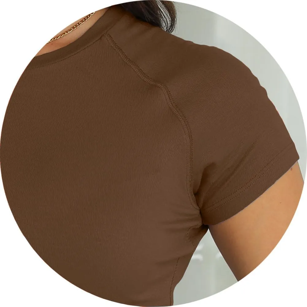Dwnval Womens Basic Summer Short Sleeve Crewneck T Shirt Raglan Ribbed Knitted Slim Fit Casual Going Out Tops
