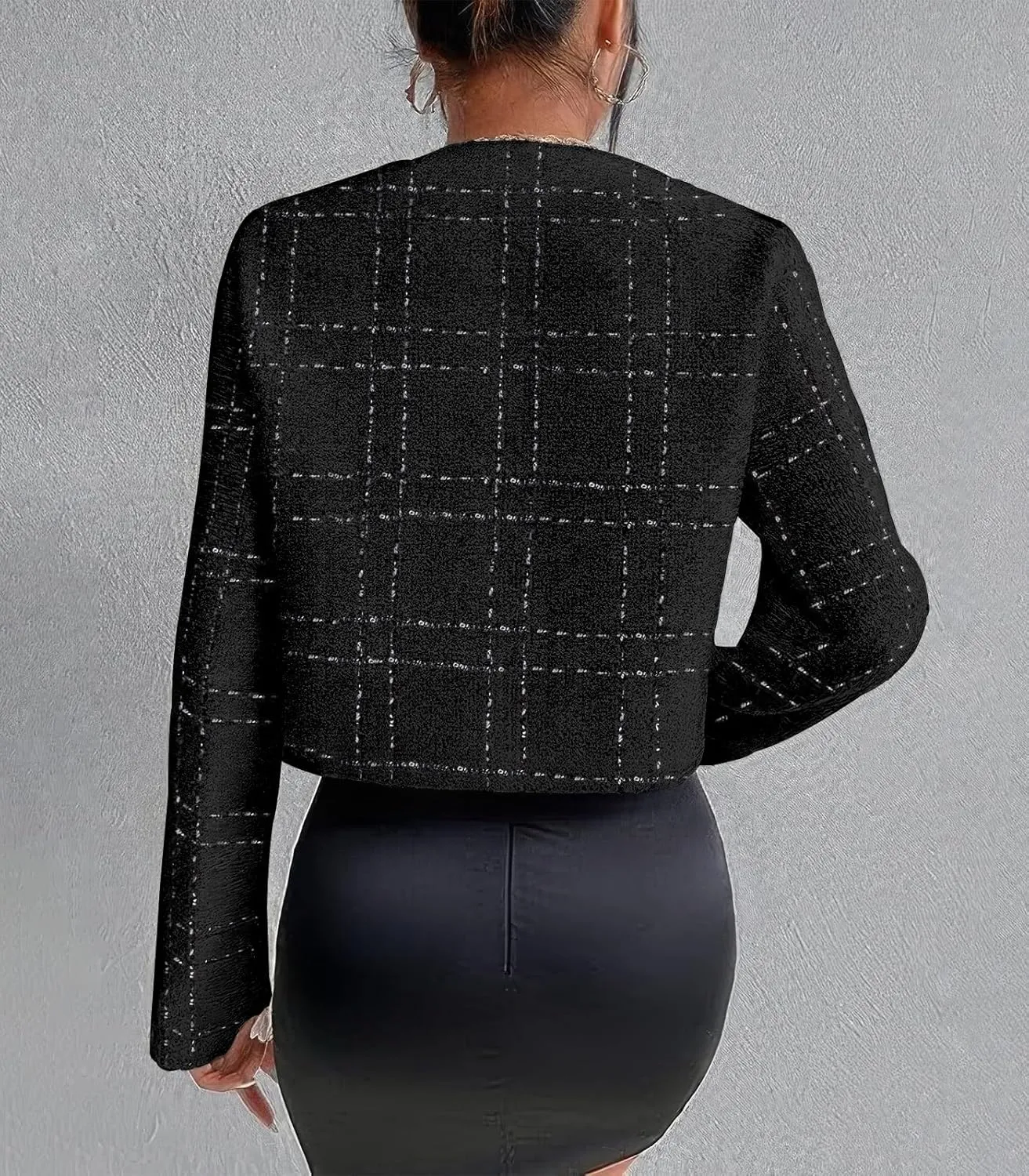 ebossy Women's Collarless Plaid Tweed Blazer Elegant Open Front Button Down Casual Business Glitter Jacket
