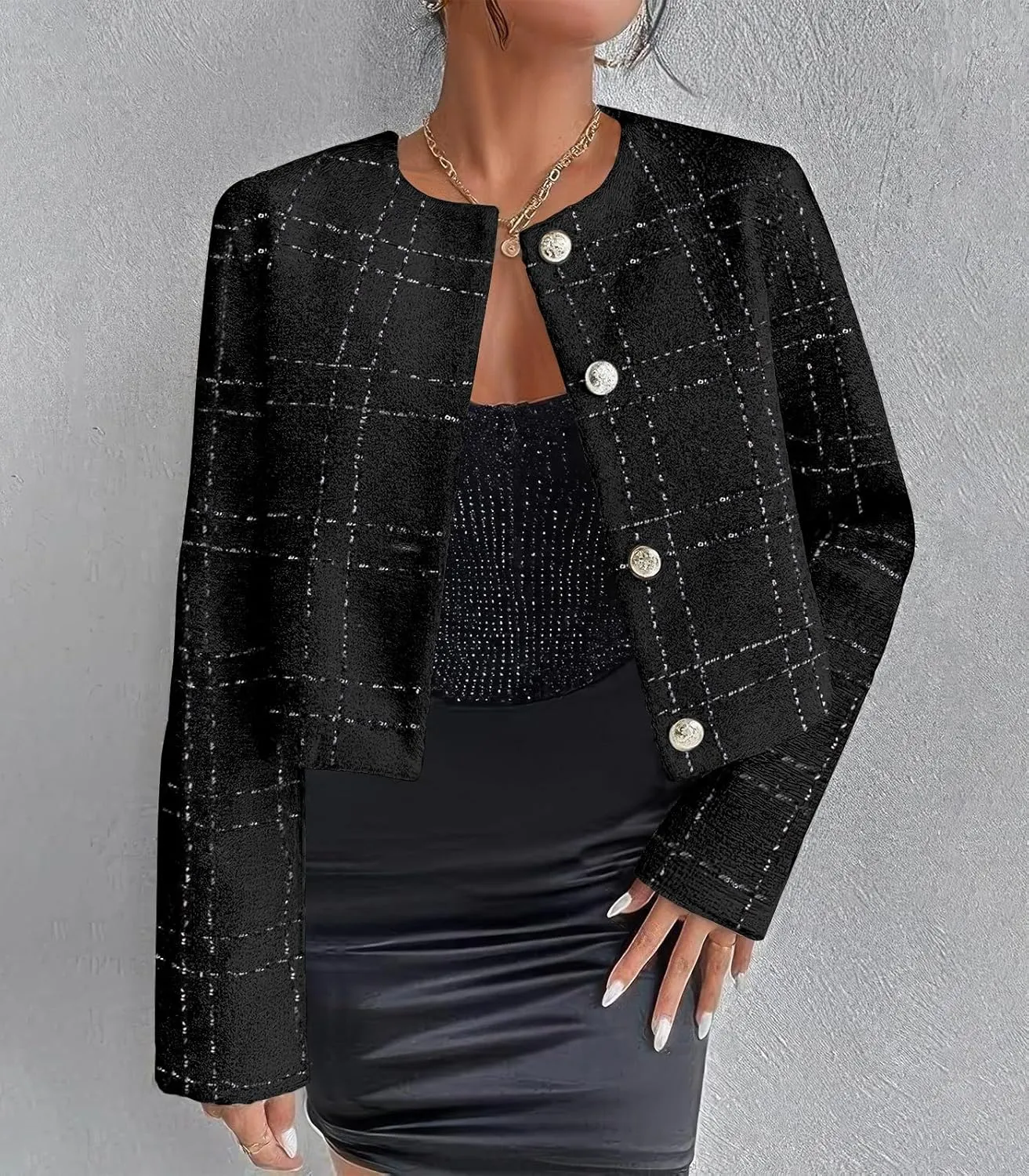 ebossy Women's Collarless Plaid Tweed Blazer Elegant Open Front Button Down Casual Business Glitter Jacket
