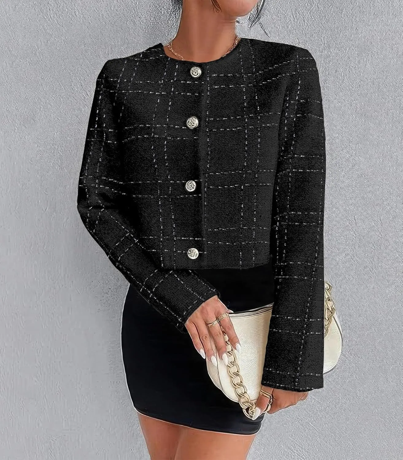 ebossy Women's Collarless Plaid Tweed Blazer Elegant Open Front Button Down Casual Business Glitter Jacket