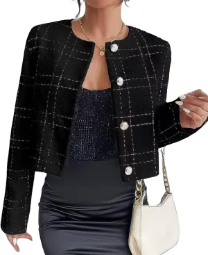 ebossy Women's Collarless Plaid Tweed Blazer Elegant Open Front Button Down Casual Business Glitter Jacket