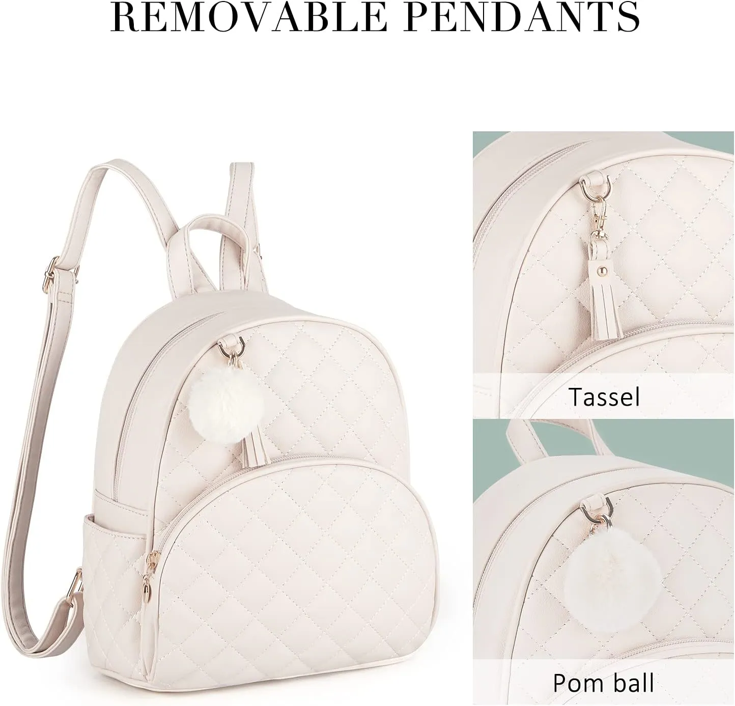 ECOSUSI Mini Backpack for Women Leather Small Backpack Purse for Ladies Cute Pom Bookbag Travel Shoulder Bag with Charm Tassel Beige