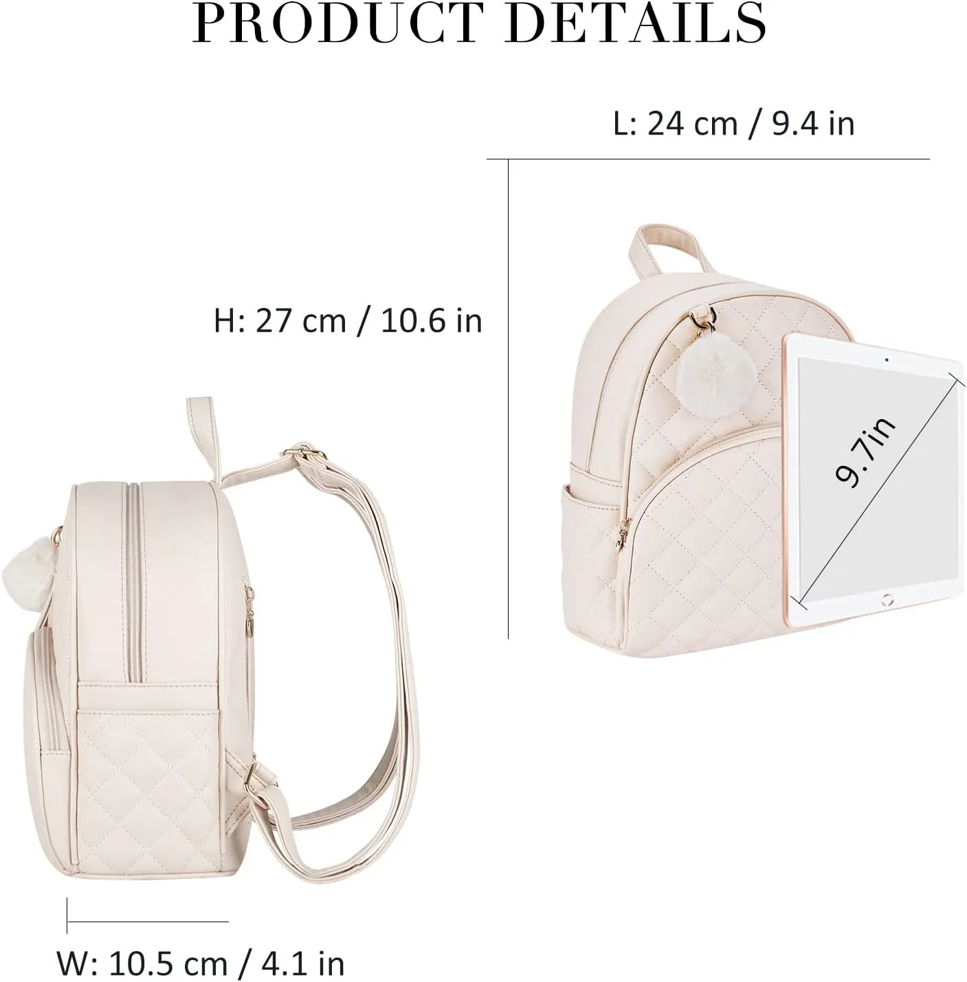 ECOSUSI Mini Backpack for Women Leather Small Backpack Purse for Ladies Cute Pom Bookbag Travel Shoulder Bag with Charm Tassel Beige