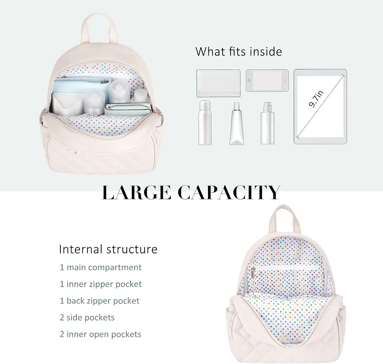 ECOSUSI Mini Backpack for Women Leather Small Backpack Purse for Ladies Cute Pom Bookbag Travel Shoulder Bag with Charm Tassel Beige