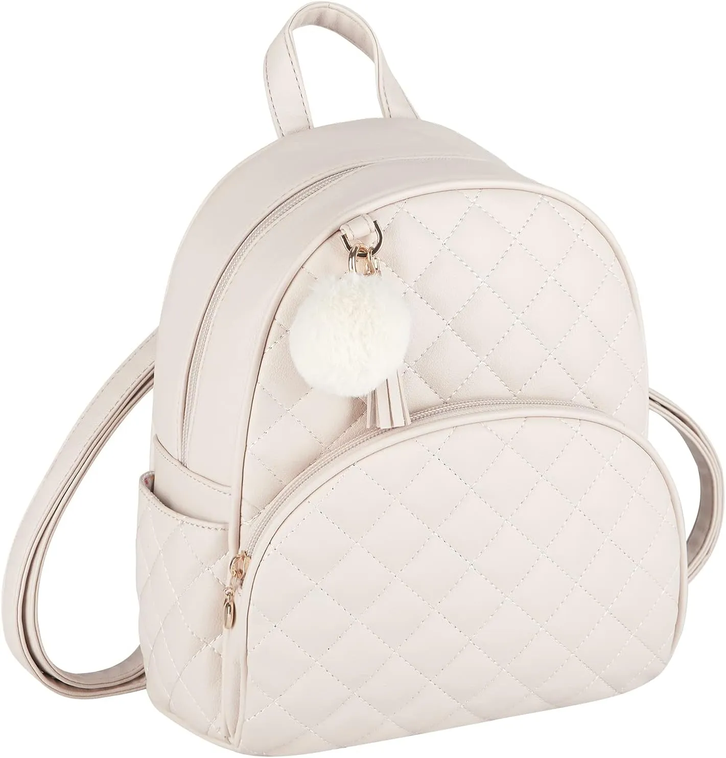 ECOSUSI Mini Backpack for Women Leather Small Backpack Purse for Ladies Cute Pom Bookbag Travel Shoulder Bag with Charm Tassel Beige