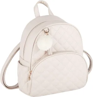 ECOSUSI Mini Backpack for Women Leather Small Backpack Purse for Ladies Cute Pom Bookbag Travel Shoulder Bag with Charm Tassel Beige
