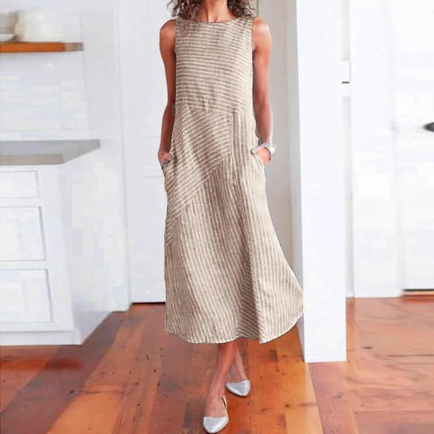 Eduavar Summer Dresses for Women 2024, Linen Dresses for Women 2024Italy Cotton Linen Dress Crewneck Sleeveless Flowy Dress