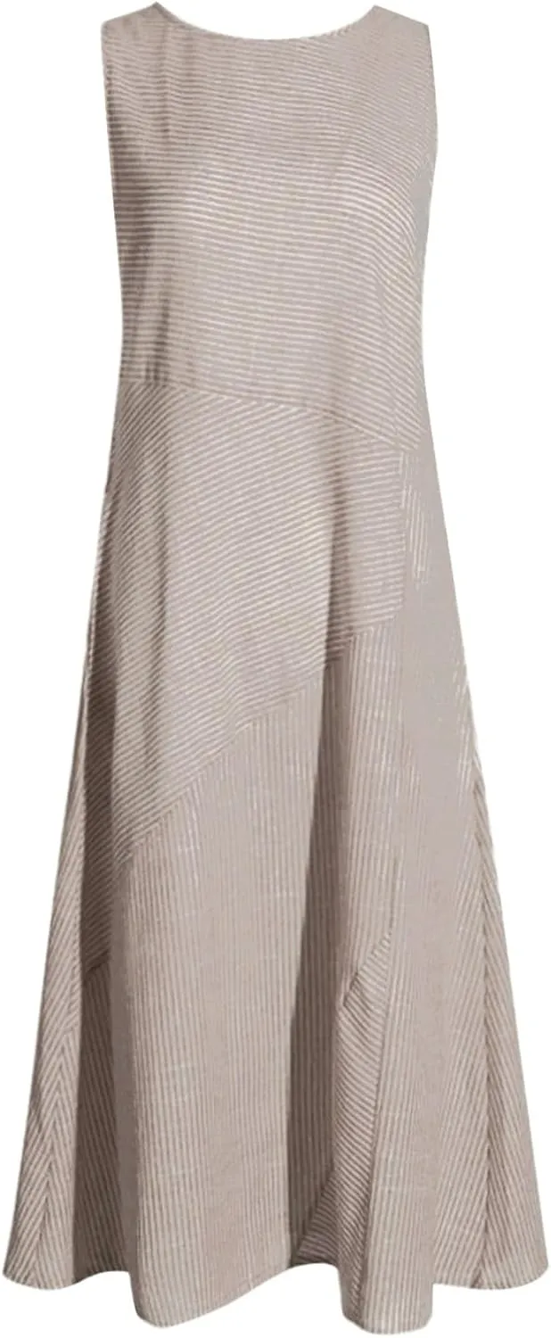 Eduavar Summer Dresses for Women 2024, Linen Dresses for Women 2024Italy Cotton Linen Dress Crewneck Sleeveless Flowy Dress