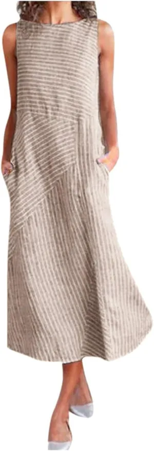 Eduavar Summer Dresses for Women 2024, Linen Dresses for Women 2024Italy Cotton Linen Dress Crewneck Sleeveless Flowy Dress