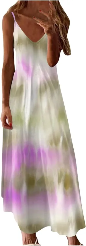 Eduavar Summer Dresses for Women, Maxi Dresses for Women 2024 Cute Floral Print Sleeveless V Neck Long Dress Beach Dress