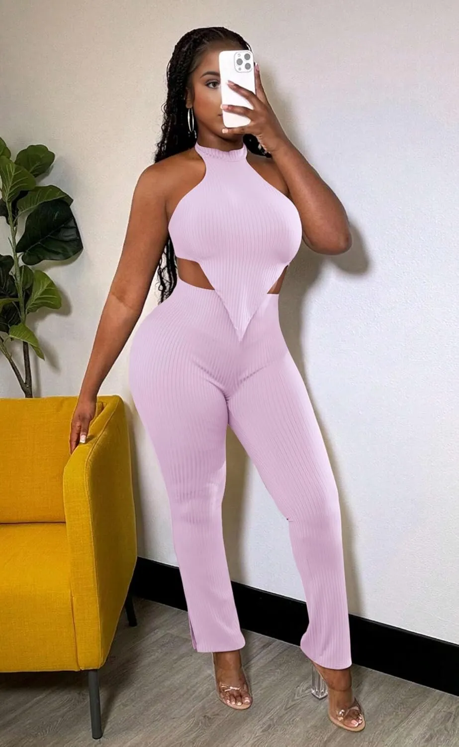 Ekaliy Two Piece Outfits for Women Sleeveless Crop Top Ribbed High Waist Long Pants Sets Party Jumpsuits Clubwear