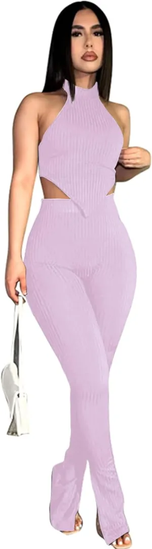Ekaliy Two Piece Outfits for Women Sleeveless Crop Top Ribbed High Waist Long Pants Sets Party Jumpsuits Clubwear