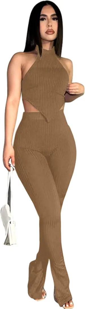 Ekaliy Two Piece Outfits for Women Sleeveless Crop Top Ribbed High Waist Long Pants Sets Party Jumpsuits Clubwear